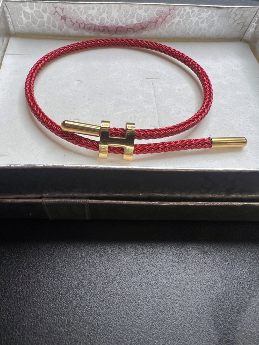 Red Braided Cord Bracelet with Gold H H Accent